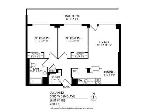 Floor plan for 2 beds, 1 bath, 780 sqft